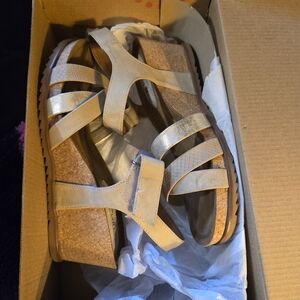 Sofft Beige and Metallic Gold Cork Wedge Sandals